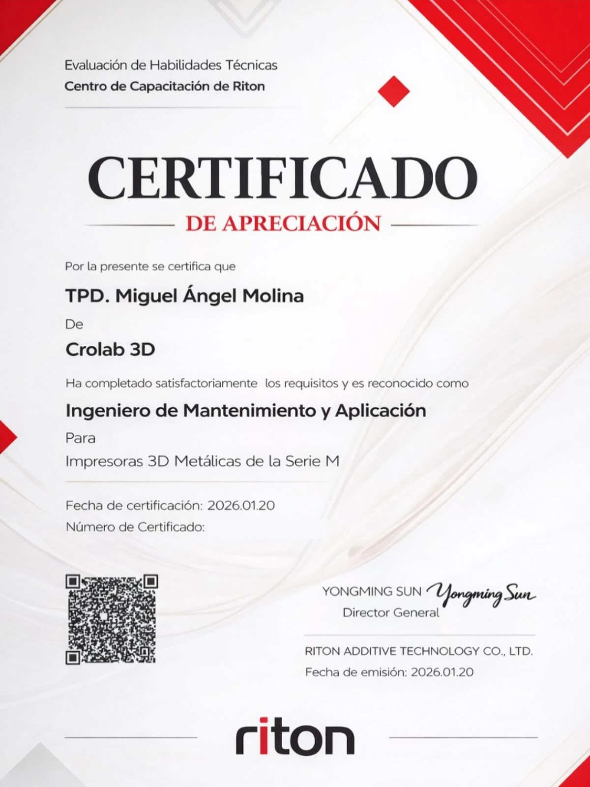 Certificado oficial de servicio técnico Riton otorgado a Crolab3D para impresoras 3D metálicas Serie M