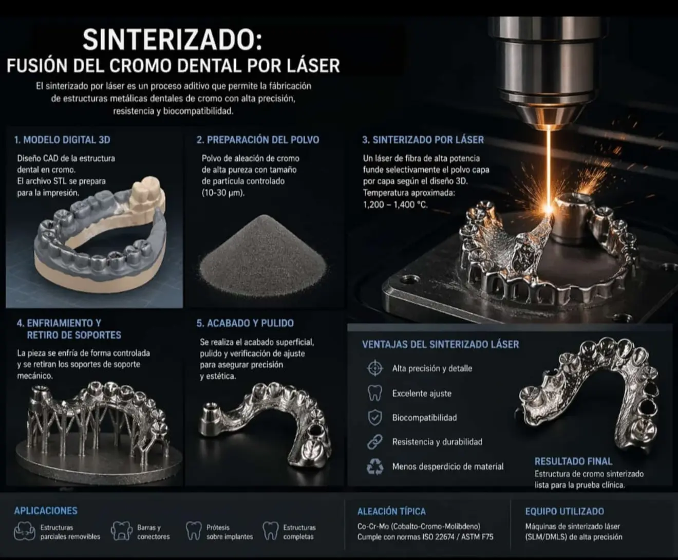 Infografía del proceso de sinterizado láser de cromo cobalto dental en 5 pasos